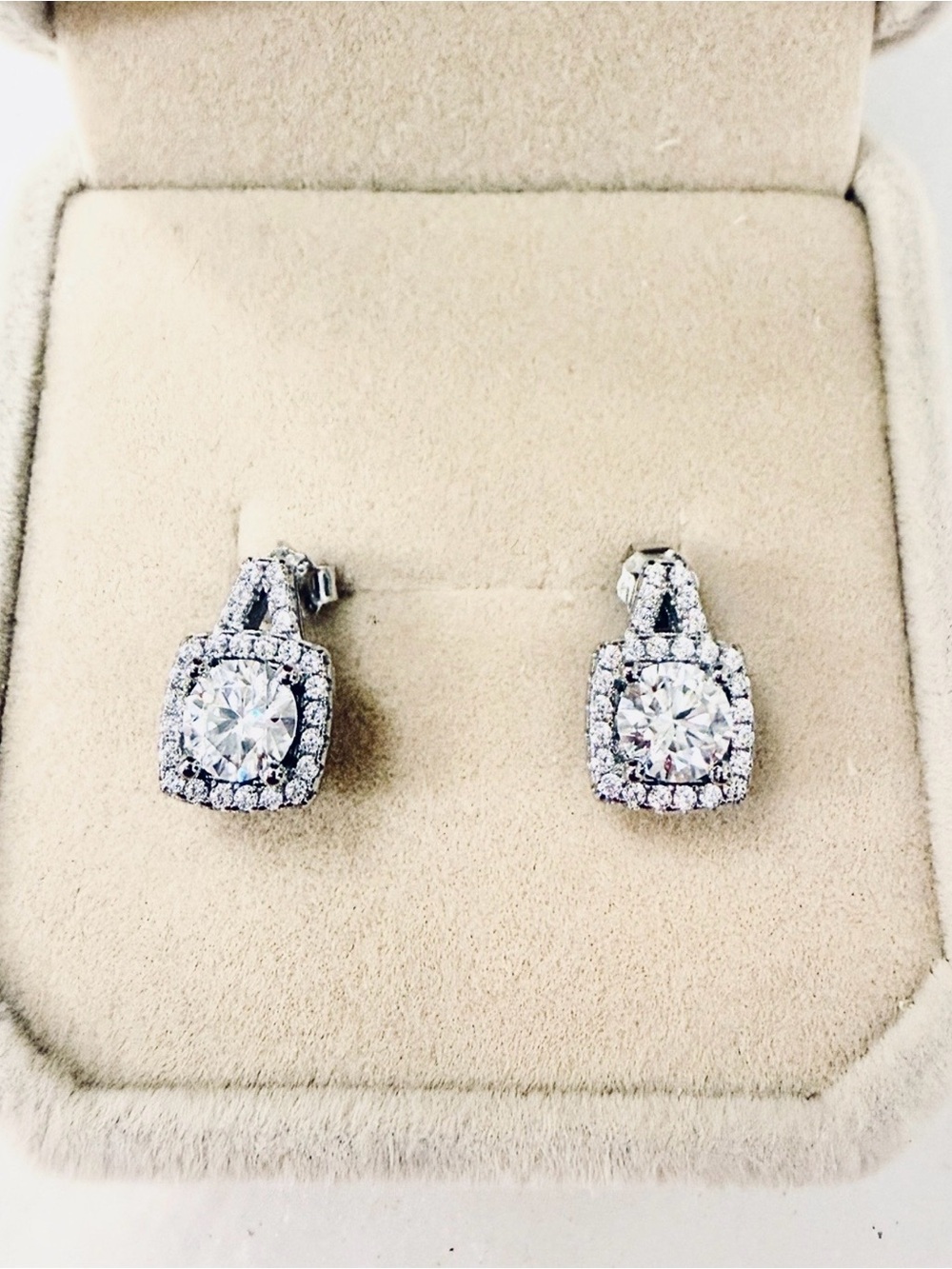 Round Diamond Earrings with Halo Detail. Moissanite set in 925 Sterling Silver